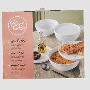 Over and Back 6 Piece White Vitrified Stoneware Bowl Plate Lid Set New in Box